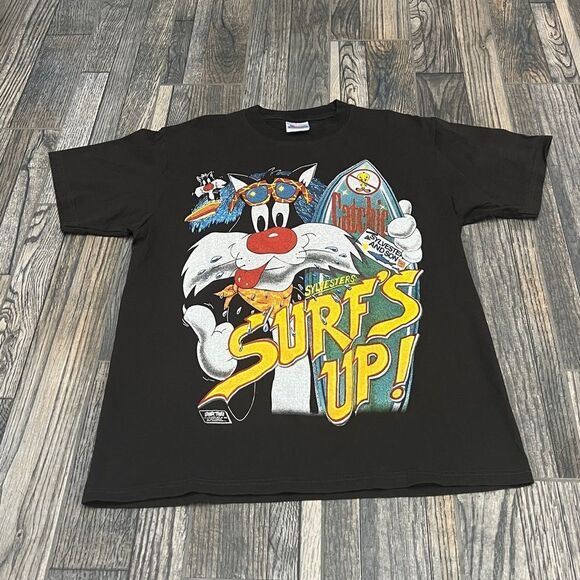 🌊🏄‍♂️ Vintage “REPRINT” Looney Tunes Sylvester SURF Tee Front/Back Graphics -N - Picture 2 of 9